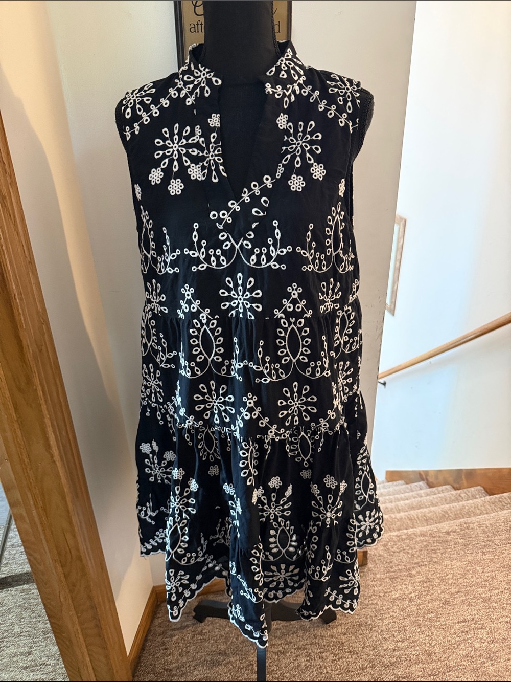 Sleeveless Black Embroidered Dress - White Pattern